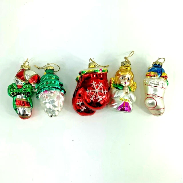 Blown Glass Christmas Ornaments Mittens Candy Cane Angel Santa  Set of 5
