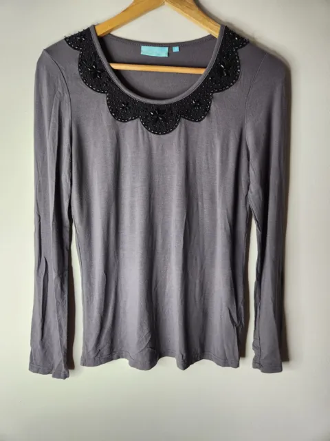 Blue Illusion Womens Blouse Top Small Grey Beaded Long Sleeve Round Neck