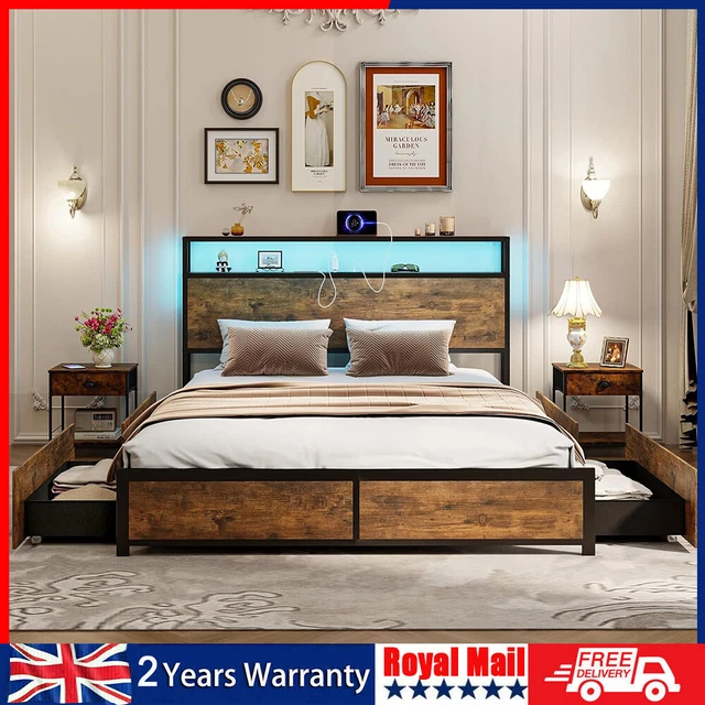 DOUBLE SIZE BED Frame Metal Bed Platform LED Lights Headboard & 4