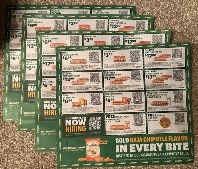 4 FULL  Sheets  SUBWAY NEW MAY 9 COUPONS Expire 5/9/24