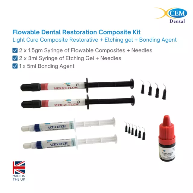 Flowable Dental Restoration Composite Kit, Etching gel & Bonding Agent - UK Made