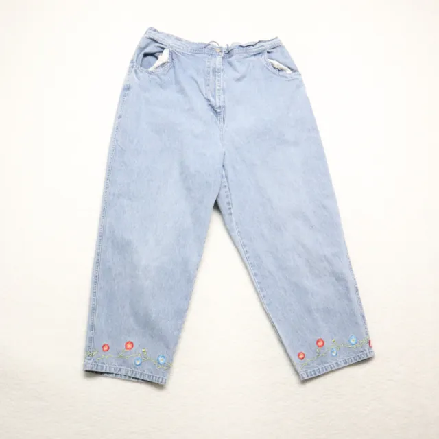 Denim & Co Women's Size L Blue High Rise Capri Flower 100% Cotton Denim Jeans