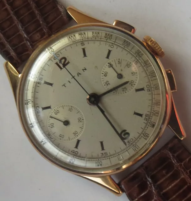 Titan chronograph mens wristwatch gold plated case original dial cal. Venus 175