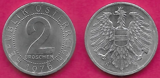 Austria 2 Groschen 1976 Unc Imperial Eagle With Austrian Shield On Breast,Holdin