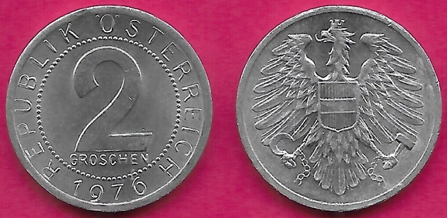 Austria 2 Groschen 1976 Unc Imperial Eagle With Austrian Shield On Breast,Holdin