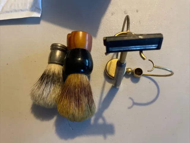 Vintage Shaving Set on Gold Tone Metal Stand Brush Razor Holder And Two Brushes