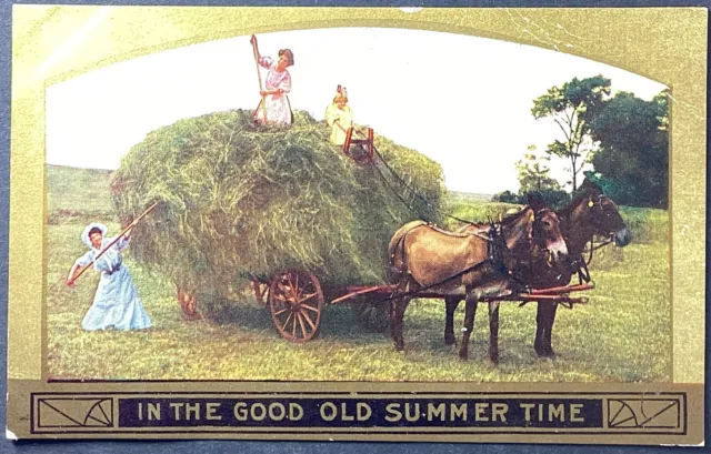 Women Cart of Hay Goold Old Summer Time Vintage Postcard Unposted with Writing