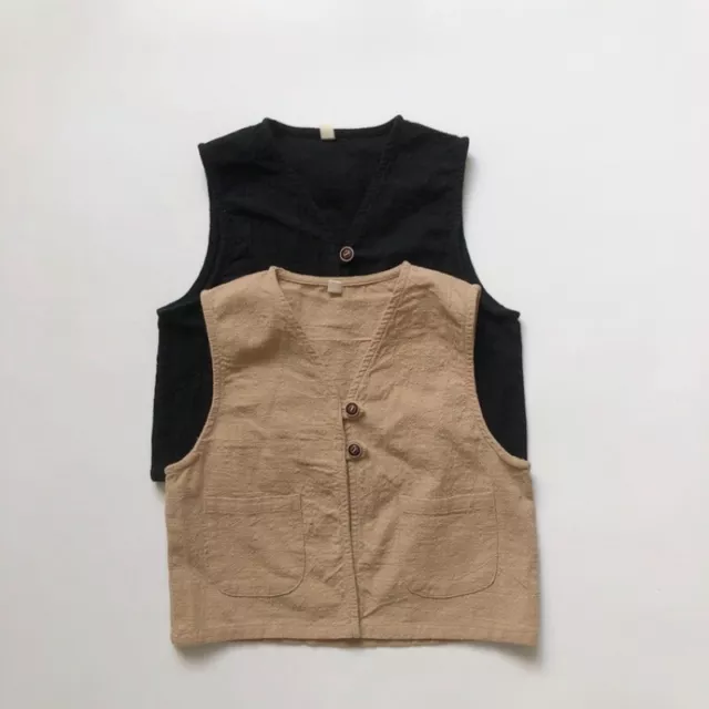 Garçon Fille Rétro Gilet Bébé Coton Lin Débardeurs Bouton Gilet 3