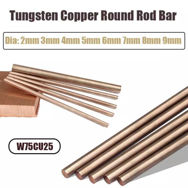 Tungsten Copper Solid Round Rod Bar Ø 2mm - 9mm 200mm Long WCu Metal Shaft Stick