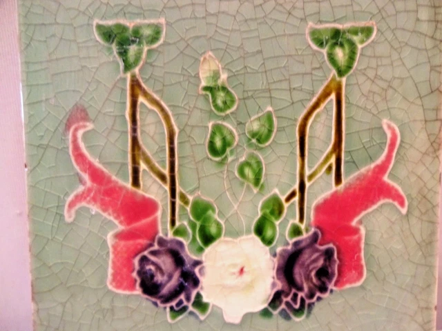 Vintage Tile Art Nouveau England Majolica Freehand Flower Design Collectibles 2