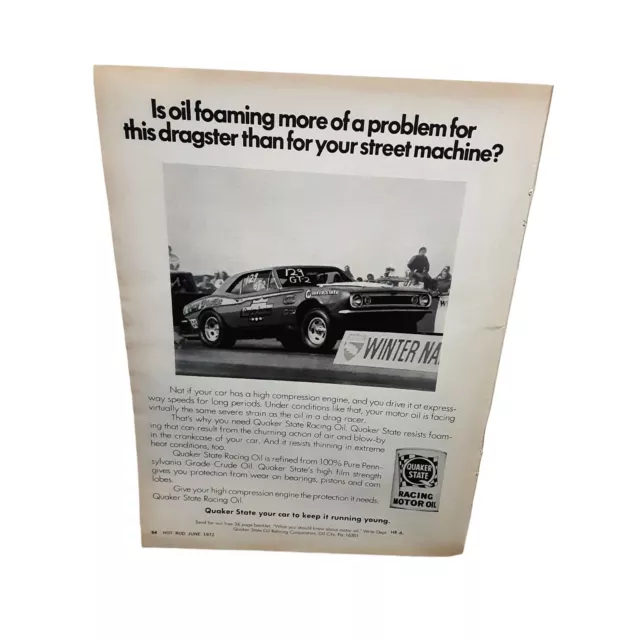 Vintage 1972 Quaker State Racing Oil Camaro Original Ad epherma
