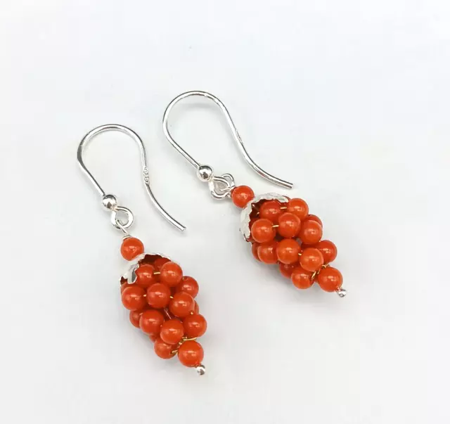 Pendientes Mujer Colgantes Coral Rojo Plata 925 Racimo Grappolini