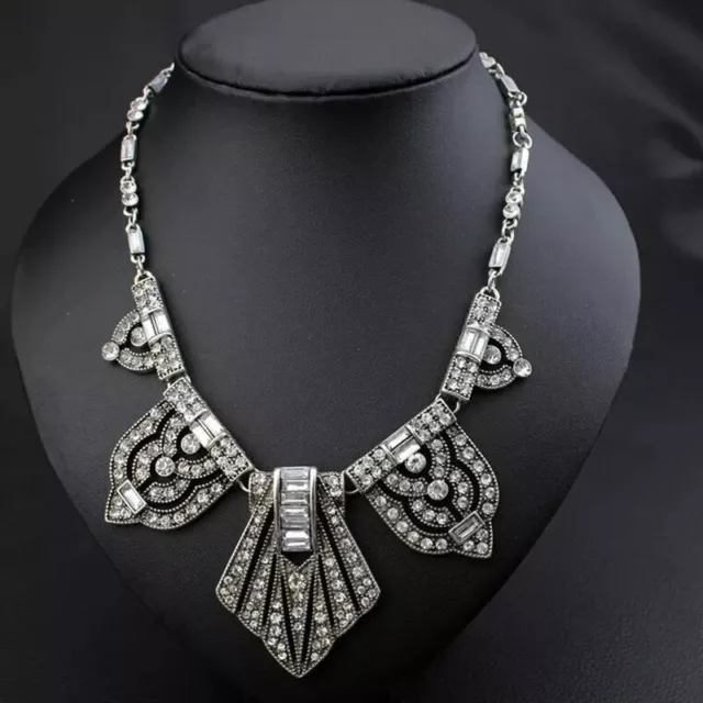 Rare Vintage Art Deco Style Necklace silver crystals statement jewelry geometric