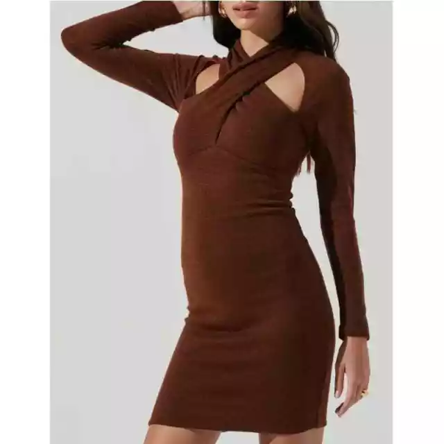 ASTR THE LABEL Wrap Neck Cutout Long Sleeve Brown Knit Dress- NWT- Size XS
