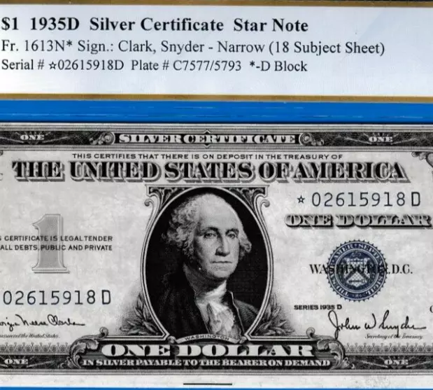$1 1935D Silver Certificate Star Narrow FROM 18 SUBJEST SHEET  Fr. 1613N* SCARCE