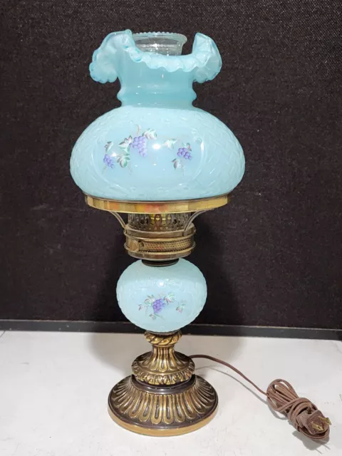 RARE- Fenton Hand Painted Grapes Blue Basketweave Glass Student Lamp