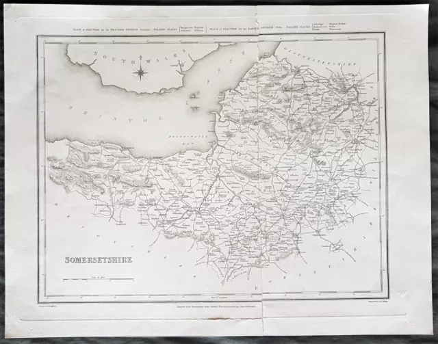 1831 J & C Walker Large Antique Map of The English County of Somerset