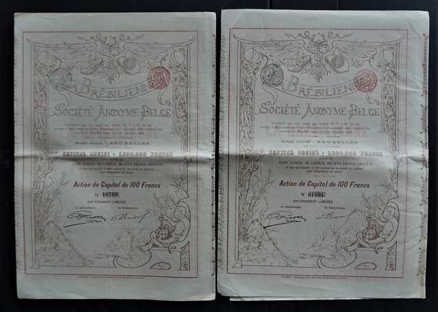 Brazil / Belgium - The Brazilian Co. - 1898 - share for 100 francs  -DECO-  2x