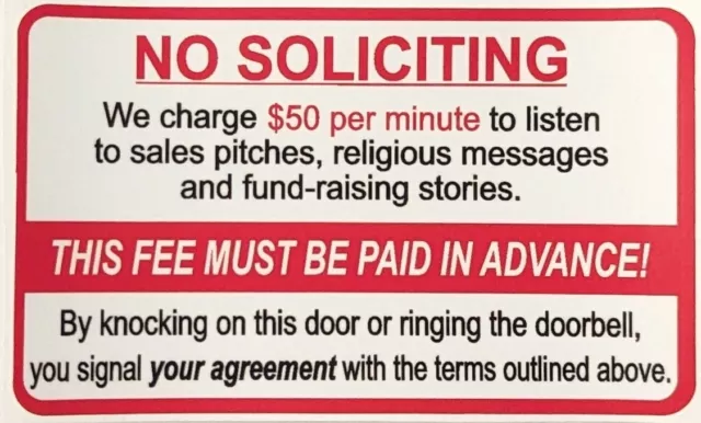 No Soliciting Sticker , Funny Vinyl Decal | Window Label Solicitors 4.5 X 2.5 in