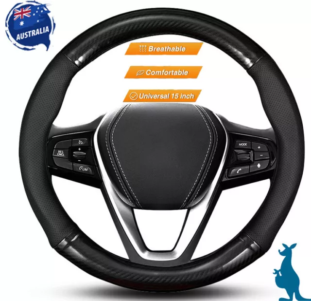 15" Universal Car Steering Wheel Cover Anti Slip Carbon Leather Comfortable 38cm