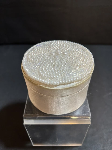 White Satin Beaded Gift Box Faux White Pearls Beading 2 3/4" In Diameter x 2" H