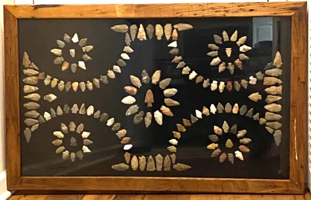 168 Native American Indian Arrowheads Artifacts Large Framed Shadow Box 43x27