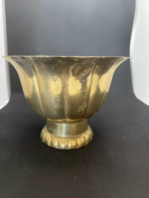 Vintage Solid Brass Ribbed Fluted Vase Planter 4.75 Tall 6.25 Wide Bowl