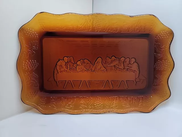 Vintage Indiana Glass Amberina "The Last Supper" Amber Color Bread Tray or Plate