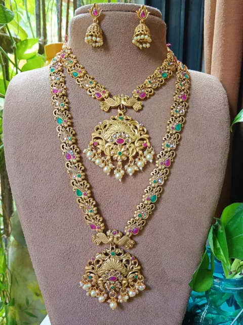 Matt Gold Plated Temple Indian Women Set Wedding Bollywood Party Peacock Jewelry