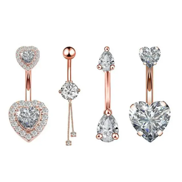 14G Double Heart CZ Dangle Belly Button Ring Surgical Steel Piercing Navel Bar