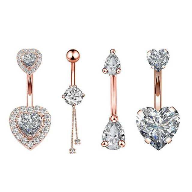14G Double Heart CZ Dangle Belly Button Ring Surgical Steel Piercing Navel Bar