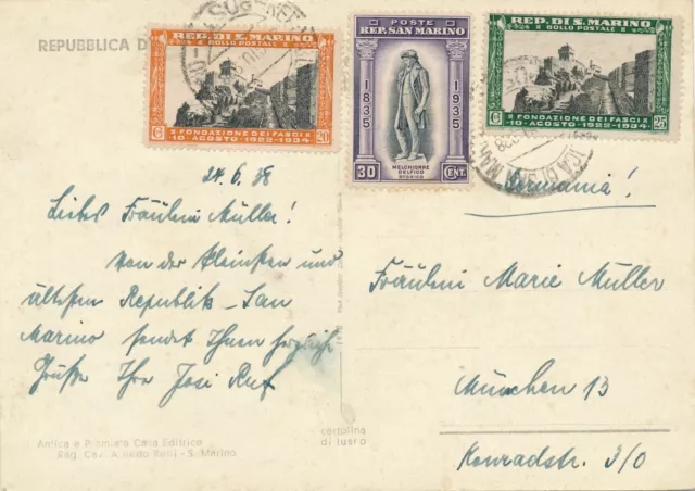 Brief PK   Briefmarken San Marino   -  München  1938 Stamp 30cent usw.
