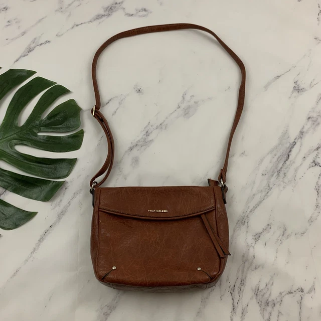 Max Studio Faux Leather Cross Body Purse Bag Brown Zipper Pockets Square