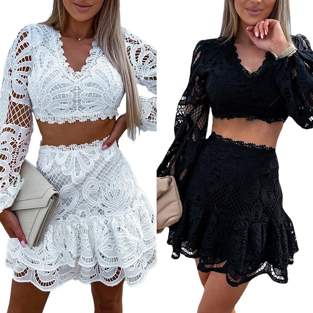 Elegante set di abiti in due pezzi con gonna corta e maniche a lanterna per donn