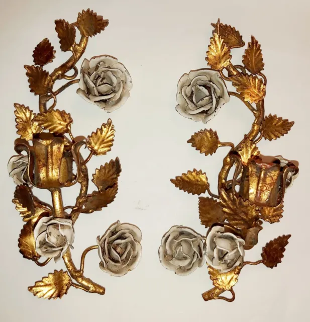 2 Vintage Rose Italian Tole Toleware Wall Sconce Candle Holder Regency Hollywood