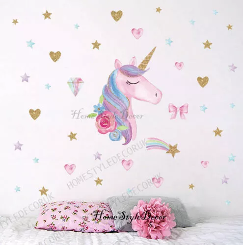 Magical Unicorn Horse Rainbow Hearts Wall Stickers Girls Room Decal