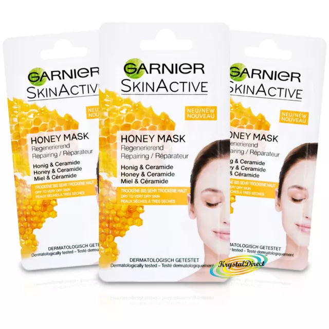 3x Garnier trockene Hautpflege Reparatur aktive Gesichtsmaske 8ml Honig keine Parabene