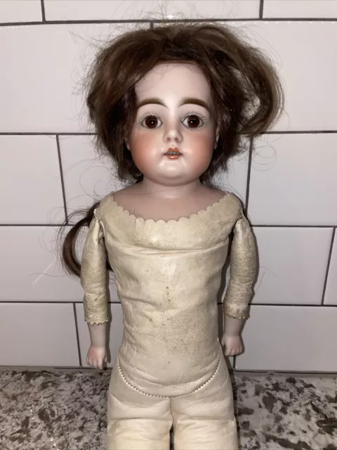 Antique 17” German Bisque Shoulder Head Doll Early Kestner 148 Leather Body Hair