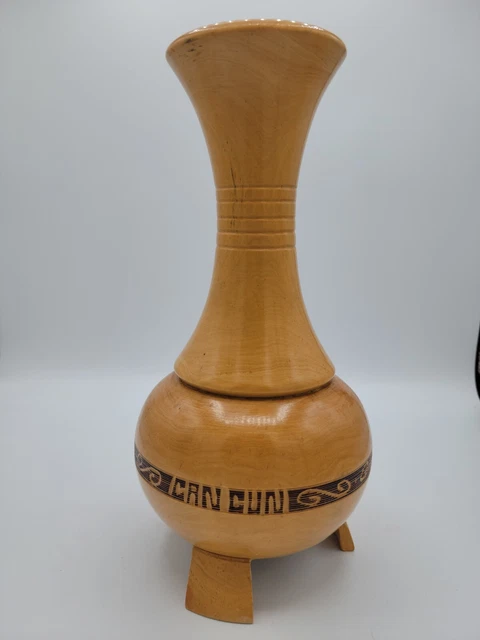 2005 Cancun Mexico Souvenir Handmade Lathe Turned Wooden 3 Leg Vase 10.25" T