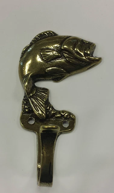 SOLID BRASS COAT HOOK fish bass (?) figure with brass screws (BR549)