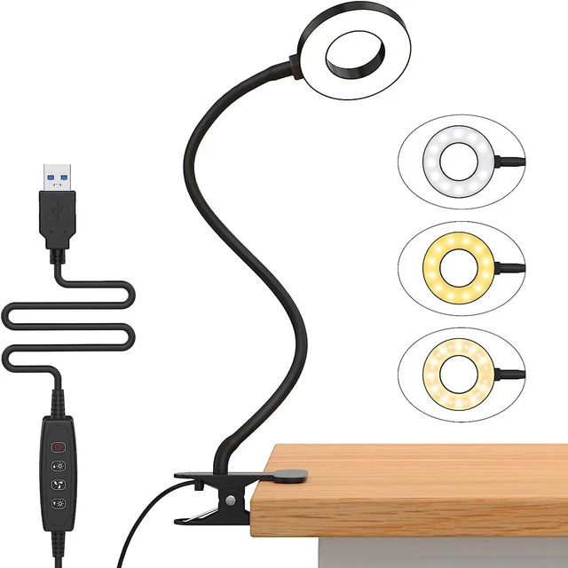 USB Clip On Desk Lamp Flexible Clamp Reading Light LED Bed Table Bedside Night