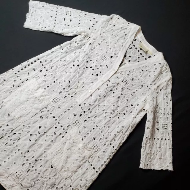 Maeve Anthropologie Women's Size S Geo Eyelet Long Sleeve Shirt Dress White