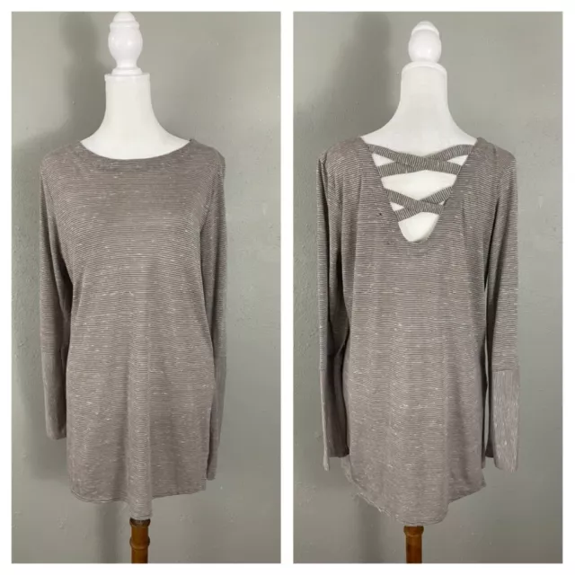 PRANA 68 ESME Long Sleeve Tunic Top Size M Beige Taupe Stripe Strappy Back 19.90 PicClick