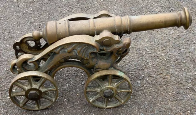 Collectable Vintage Ornamental Heavy Solid Brass Cannon with Four Wheels Dragons