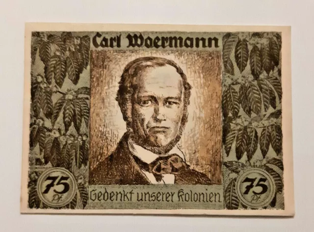 Notgeld DEUTSCHE KOLONIEN 75 Pfennig 1921 Carl Woermann Kolonialgedenktag (9461)