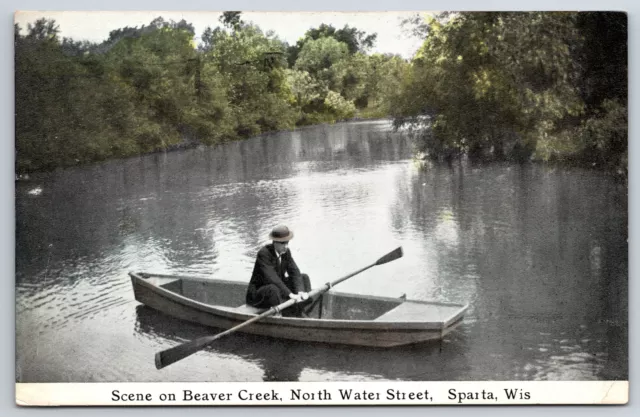 Sparta Wisconsin~North Water Street~Beaver Creek Rowboat Scene~c1910 Postcard