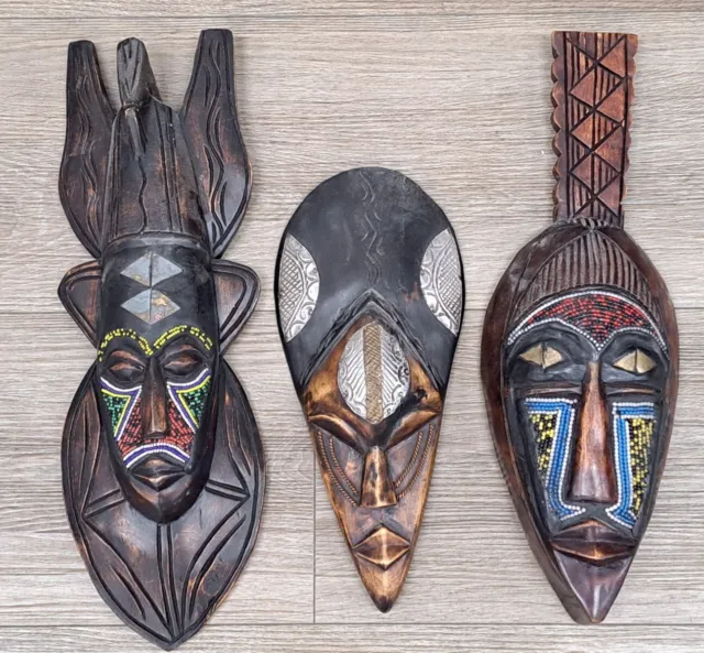 Set of 3 Handcrafted Wood African Tribal Mask Made In Ghana Decorative Wall Art