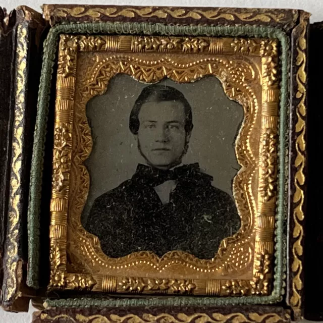 Antique Mini Tintype Photograph Dapper Handsome Young Man Amazing Leather Case