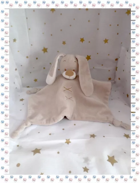 ⑯- Doudou Plat Carré Lapin Chien Beige Crème Broderies Croix  Nicotoy