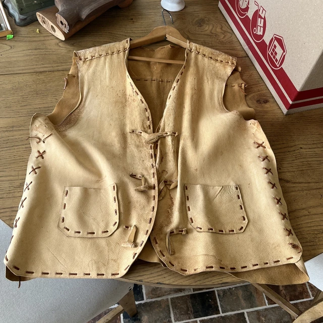 Vintage Genuine Animal Hide Leather Vest Western Mens Size Lg XL Handmade